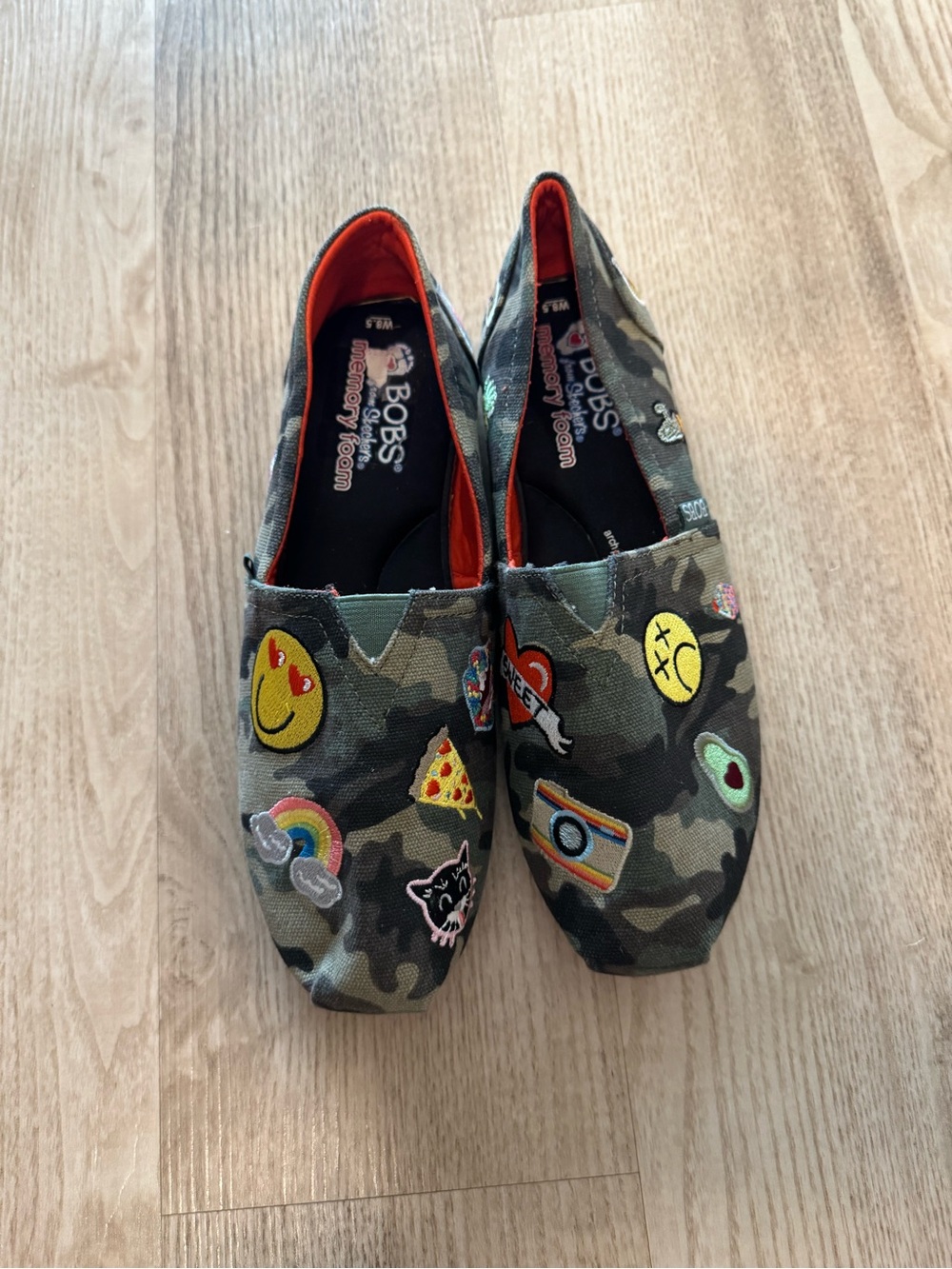 Skechers BOBS Camo Slip-Ons with Colorful Patch Accents - Green & Orange